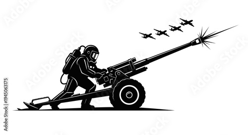 Soldier in Hazmat Suit Fires Artillery Cannon, Aircraft Fly Overhead
