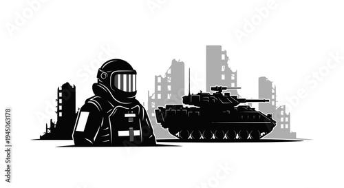 Soldier in Hazmat Suit and Tank in Destroyed Cityscape