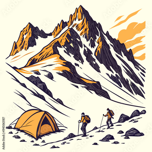 Hikers approaching a tent in the mountains hiking camping