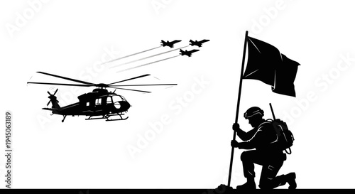 Soldier Kneeling with Flag, Helicopter and Fighter Jets Flying Overhead