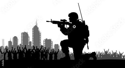 Soldier Kneeling with Rifle in Silhouette Against Cityscape and Crowd
