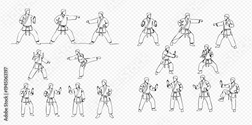 Karate training line art set with various martial arts poses and movements.