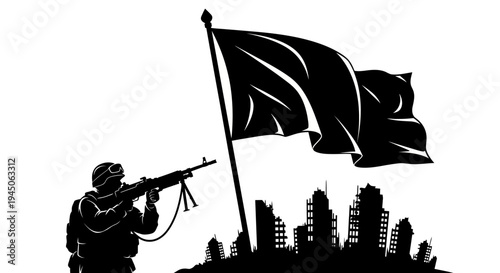 Soldier with Flag and Destroyed City Silhouette