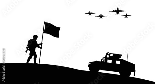 Soldier with Flag and Military Vehicle Under Air Support