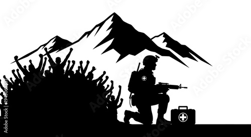 Soldier with medical kit guards cheering crowd against mountain backdrop, symbol of protection and hope