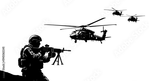 Soldier with Machine Gun and Helicopters in Combat