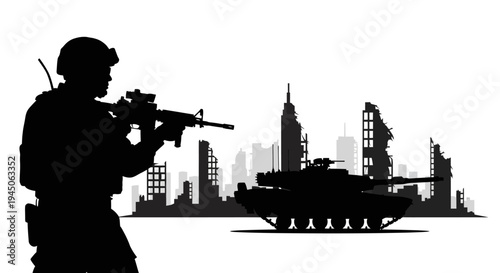 Soldier with rifle and tank silhouette against destroyed city skyline