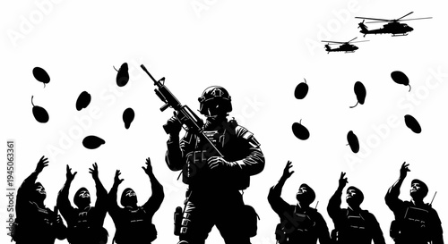 Soldier with rifle amidst falling objects and helicopters, people reaching up