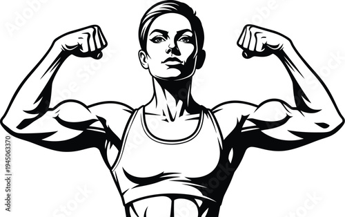 Powerful female athlete vector illustration showcasing strong biceps and determination in a minimalist black and white graphic design for fitness concepts.