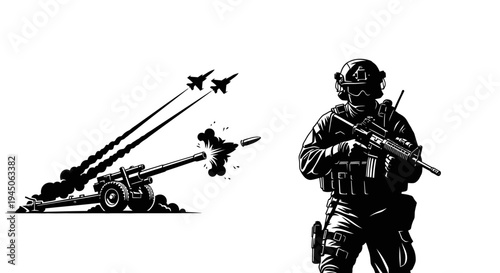 Soldier with rifle, artillery firing, fighter jets flying, war concept, military action