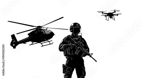 Soldier with Rifle, Helicopter, and Drone - Modern Warfare and Surveillance