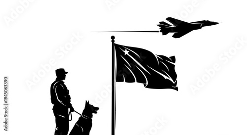 Soldier, Police Dog, Chinese Flag, Fighter Jet Silhouette - Military Power and Security