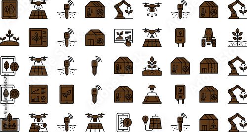 Smart agriculture technology icon set with drones sensors irrigation robotics greenhouse analytics and precision farming