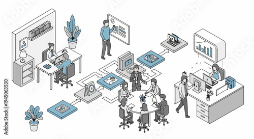flat illlustration Isometric Business Workflow Process of Planning Execution and Analysis