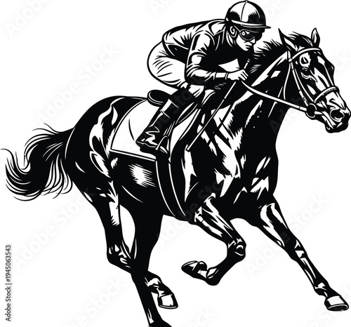 Powerful black and white vector illustration of a determined jockey urging a thoroughbred racehorse forward during a thrilling competition