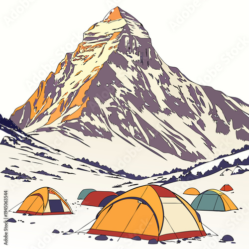 Colorful Tents in Front of Snowy Mountain rocks