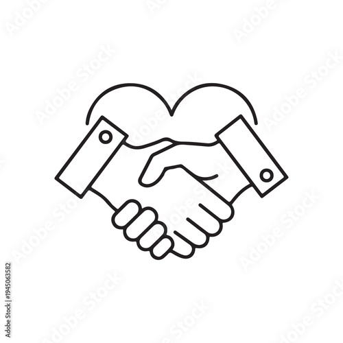 Handshake with Heart Outline Icon Partnership, Trust and Agreement Symbol