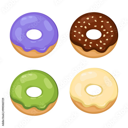Vector illustration of a set of donuts with various toppings and glazes of chocolate flavor with sprinkles, green matcha, vanilla cream, and purple glaze