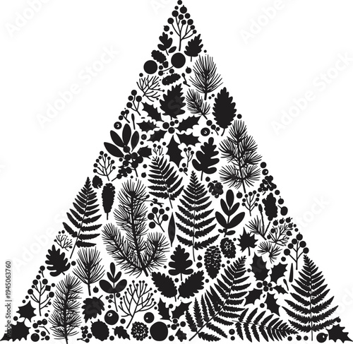 Botanical triangle design, black leaf silhouettes, nature-inspired pattern, fern and pine elements, geometric foliage art, modern plant illustration