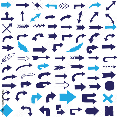 Collection of various arrow icons and symbols silhouette isolated on transparent background