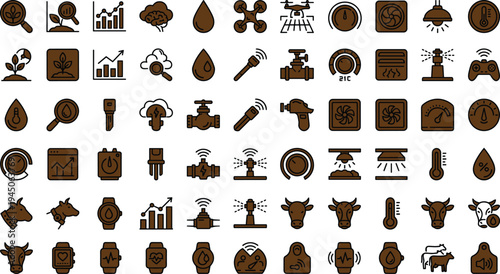 Smart agriculture technology icon set with drones sensors irrigation systems livestock monitoring crop analytics and precision farming