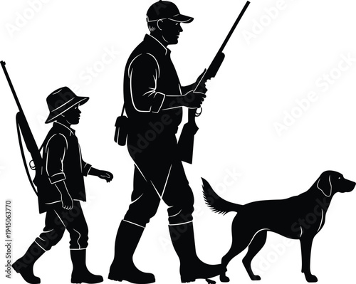 Black Silhouette of Hunter Man and Boy Walking with Dog Carrying Rifles, Father and Son Hunting Trip Vector Illustration Isolated