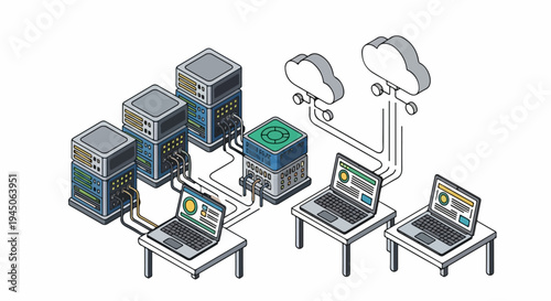 Isometric Cloud Computing Network and Data Server Hosting flat Illustration