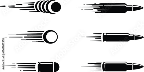 Bullet silhouette vector, fast motion design, projectile illustration graphic, ammunition speed artwork, military weapon element, flying bullet pattern, black and white style