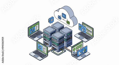 Isometric Cloud Computing Network and Data Server Hosting flat Illustration