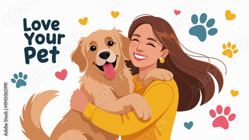 Woman hugging golden retriever dog with hearts and paw prints love your pet