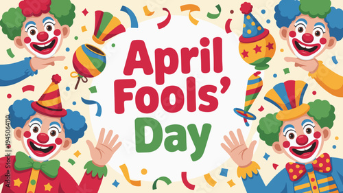 April fools' day celebration with colorful clowns and confetti on a festive background