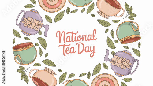 National tea day celebration with teapots cups and leaves in a wreath design
