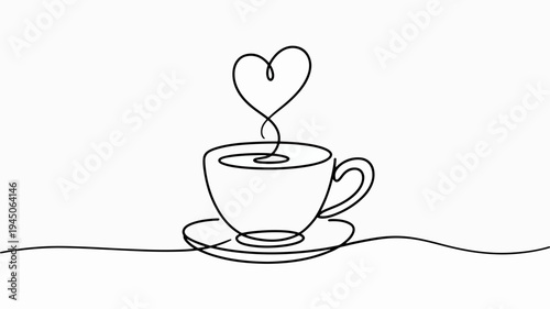 A heart shaped steam rises from a cup of coffee on a saucer symbolizing love and warmth in a simple line drawing