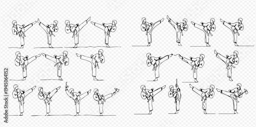 Continuous Line Drawing of Two Martial Arts Fighters Kicking in a Dynamic Pose.