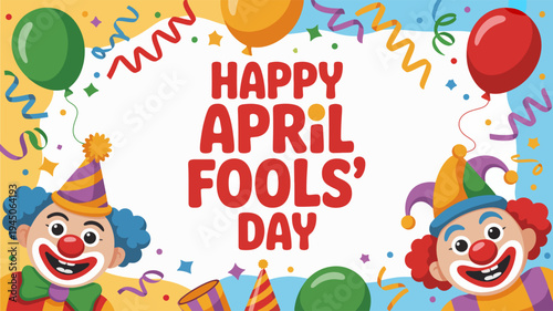 Two cheerful clowns celebrate happy april fools' day with colorful balloons and confetti
