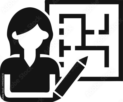 Professional woman with a pencil collaborating on a building floor plan design