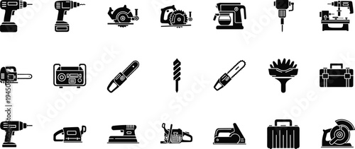 power tools, construction, drill, chainsaw, circular saw, equipment, workshop, carpentry, electric tools, hardware, repair, maintenance, industry, outline, icon, 