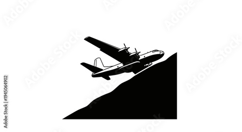 Airplane flying low over mountain slope, danger, accident, emergency landing, aviation concept