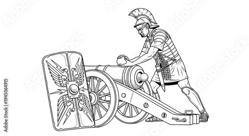 Ancient Roman soldier loading a ballista, historical warfare weapon, siege engine illustration