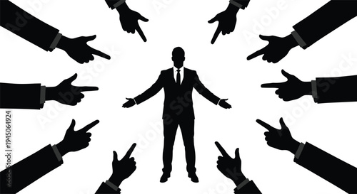 Businessman under criticism concept, many hands pointing, blame and accusation illustration, workplace pressure, responsibility and judgment vector, leadership stress symbol design