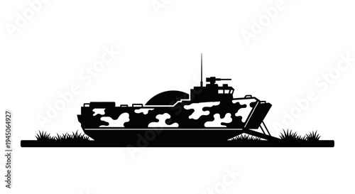 Amphibious Military Vehicle Silhouette with Camouflage Pattern on Grass