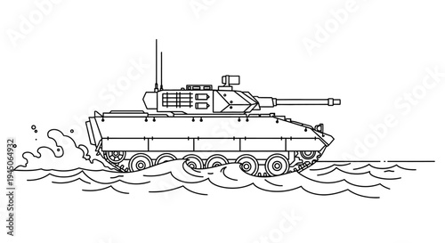 Amphibious Tank Crossing Water - Military Vehicle Illustration
