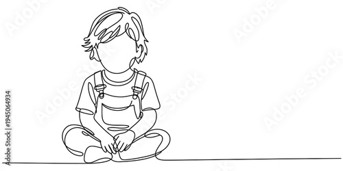 Minimal Line Art Child Sitting Cross-Legged Calm Cartoon Illustration