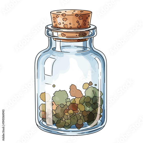 Corked apothecary jar filled with colorful herbs, isolated on a white background, showcasing a vintage glass design with a rustic cork lid
