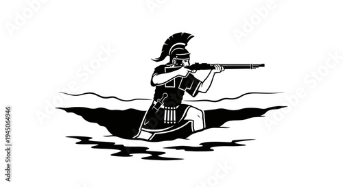 Ancient Warrior with Rifle in Trench, Historical Warfare Concept