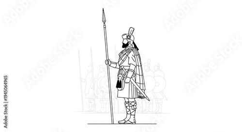 Ancient Warrior with Spear and Sword, Historical Military Figure, Black and White Illustration