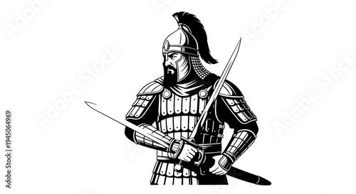 Ancient Warrior with Swords, Medieval Soldier Illustration, Historical Combatant Portrait