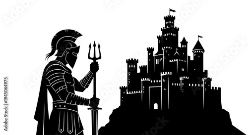 Ancient Warrior with Trident and Sword Guards Mythical Castle Silhouette