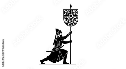 Armenian Warrior Banner Bearer Kneeling with Shield and Spear, Black and White