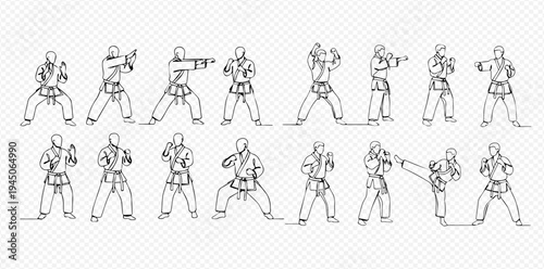 Continuous line drawing of karate poses and martial arts movements for training and self-defense.